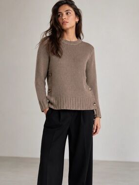 RDI Cotton blend lagenlook pullover sweater, taupe, side buttons, sz S/P